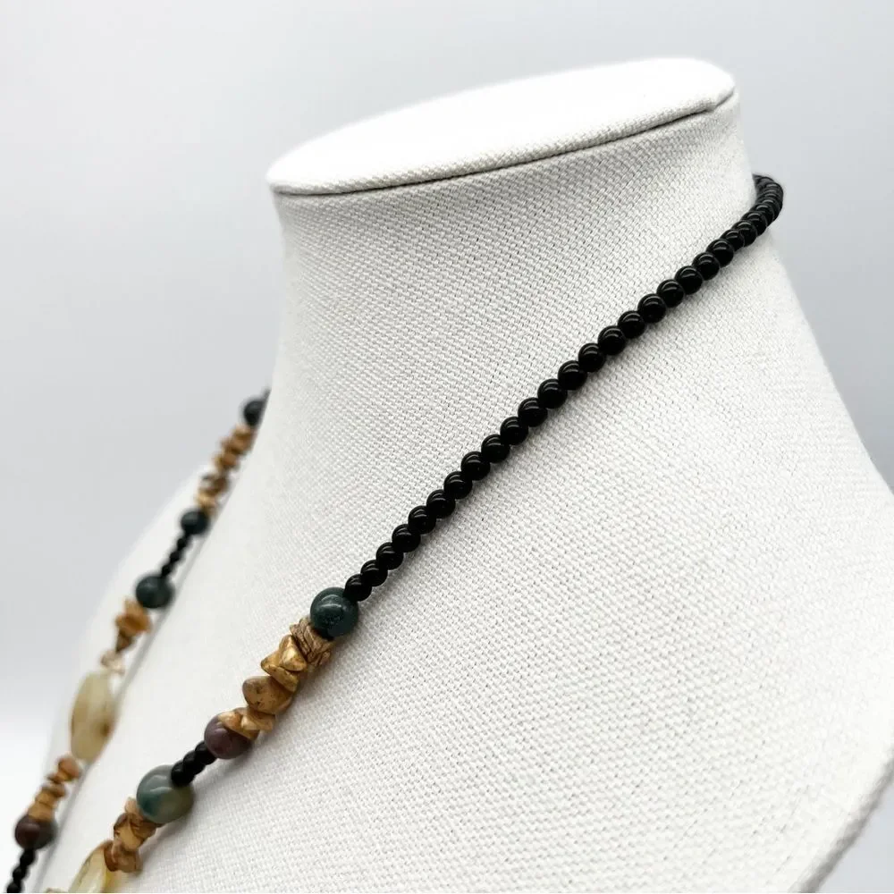 Natural Stone Round Bead Oval Pendant Chip Tassel Boho Fashion Necklace 34”